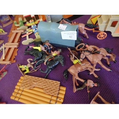 92 - 'COWBOYS AND INDIANS' QUANTITY OF PLASTIC FIGURES, ALSO BUILDINGS, INCLUDING THE SHERRIFS OFFICE, GO... 