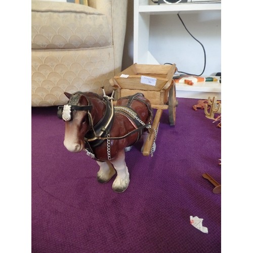 93 - LARGE CERAMIC SHIRE HORSE AND WOODEN DRAY.