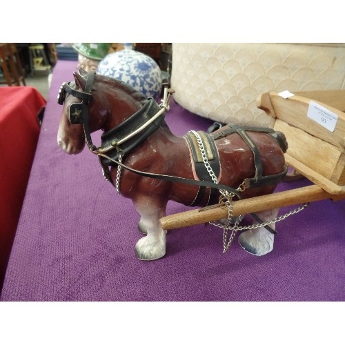 93 - LARGE CERAMIC SHIRE HORSE AND WOODEN DRAY.