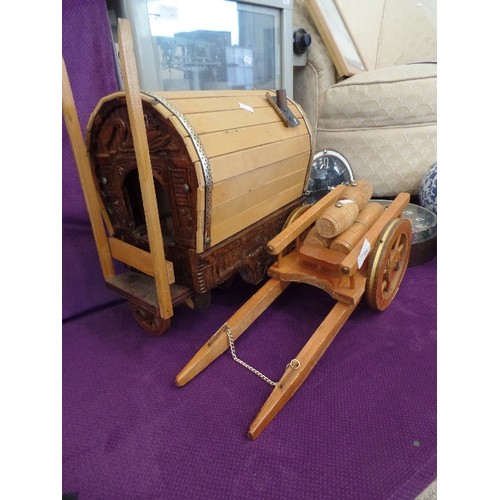 104 - LARGE HAND BUILT WOODEN ROMANY CARAVAN AND DRAY.