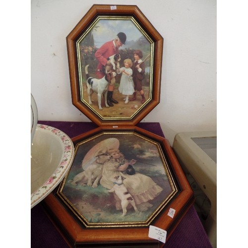 107 - PAIR OF OCTAGONAL DOG-THEMED FRAMED PRINTS.