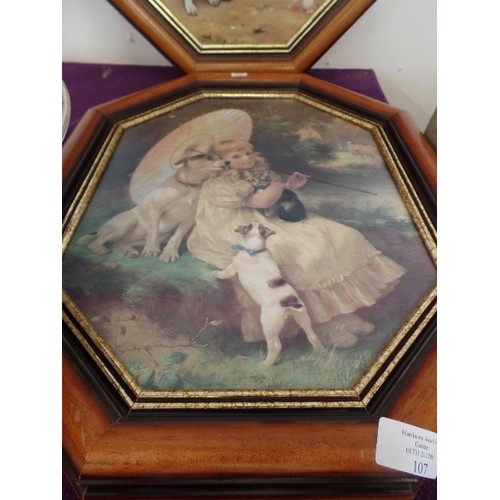 107 - PAIR OF OCTAGONAL DOG-THEMED FRAMED PRINTS.