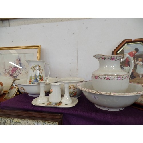 108 - 2 LARGE VINTAGE JUG & BOWL SETS. ALSO A MATCHING CHAMBER POT AND DRESSING TABLE SET.