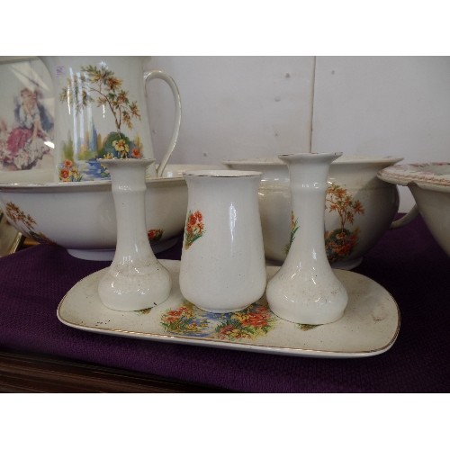 108 - 2 LARGE VINTAGE JUG & BOWL SETS. ALSO A MATCHING CHAMBER POT AND DRESSING TABLE SET.