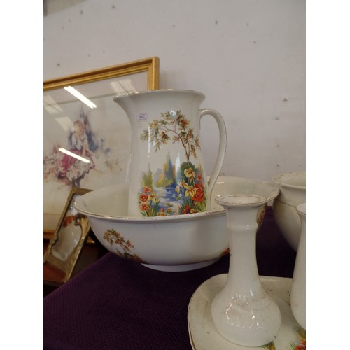 108 - 2 LARGE VINTAGE JUG & BOWL SETS. ALSO A MATCHING CHAMBER POT AND DRESSING TABLE SET.