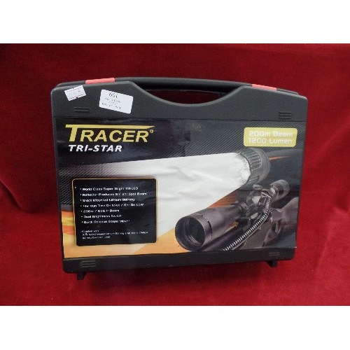 109 - TRACER TRI-STAR, PORTABLE LED LAMP. WITH CHARGER, INSTRUCTIONS, AND IN CARRY CASE.