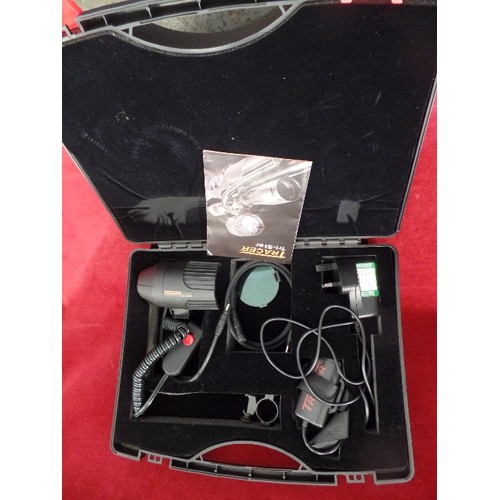 109 - TRACER TRI-STAR, PORTABLE LED LAMP. WITH CHARGER, INSTRUCTIONS, AND IN CARRY CASE.