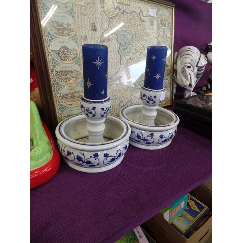 111 - PAIR OF LARGE BLUE & WHITE CERAMIC CANDLESTICKS. INCLUDES 2 X BLUE CANDLES.