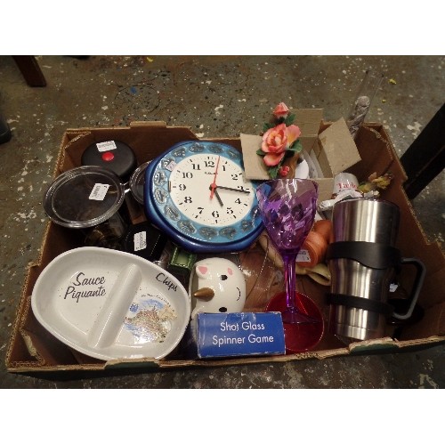 231 - MIXED LOT. INC LOVELY HEAVY SMOKED-GLASS CANNISTERS. STAINLESS FLASKS, CERAMIC WALL CLOCK, WADE POTT... 