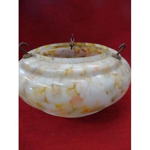 118 - VINTAGE PATTERNED MILK-GLASS 'FLY-CATCHER' LIGHT SHADE, WITH HOOKS AND CHAIN.