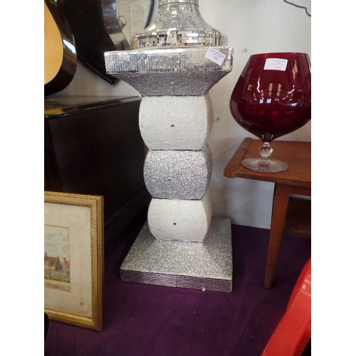 123 - LARGE AND VERY BLINGY MIRROR-TILED COLUMN AND VASE. WOULD LOOK FAB WITH YOUR MIRROR BALL!!