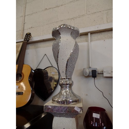 123 - LARGE AND VERY BLINGY MIRROR-TILED COLUMN AND VASE. WOULD LOOK FAB WITH YOUR MIRROR BALL!!