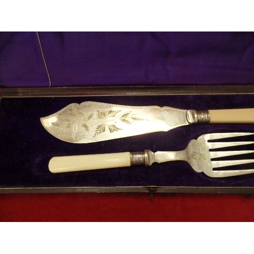 135 - LOVELY VINTAGE [HALLMARKED] SILVER COLLARED, SILVER-PLATE EPNS FISH SERVING SET. IN ORIGINAL HINGED ... 