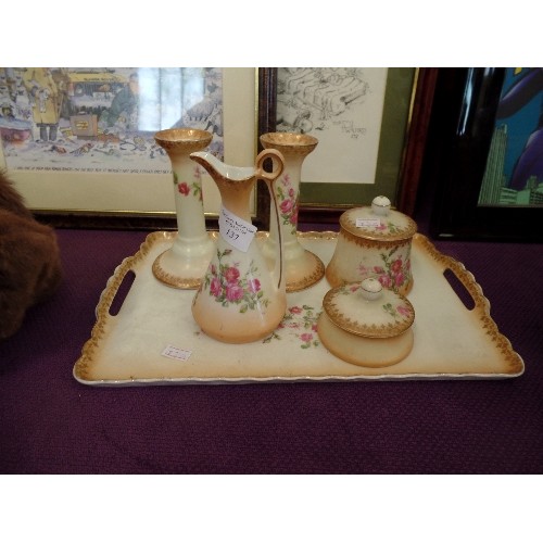 137 - VINTAGE DRESSING TABLE SET. 'ROYAL WORCESTER' STYLE FLORAL SET, INCLUDES TRAY, CANDLESTICKS, LIDDED ... 