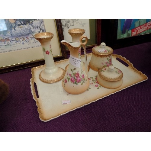 137 - VINTAGE DRESSING TABLE SET. 'ROYAL WORCESTER' STYLE FLORAL SET, INCLUDES TRAY, CANDLESTICKS, LIDDED ... 