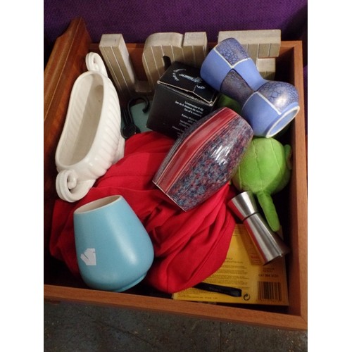 162 - LARGE MIXED VINTAGE CORNER LOT. 2 SHELVES OF MAINLY RETRO ITEMS. INC WINE TABLE, WOODEN CHAIR, SALTE... 