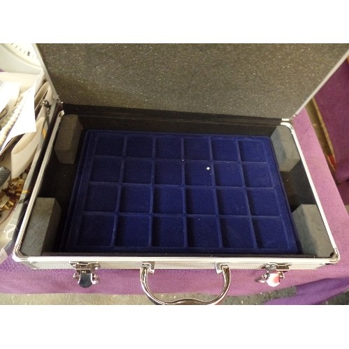 182 - SILVER COIN COLLECTORS HARD-CASE. CONTAINS 'VELVET' TRAYS FOR JEWELLERY OR OTHER SMALL ITEMS.