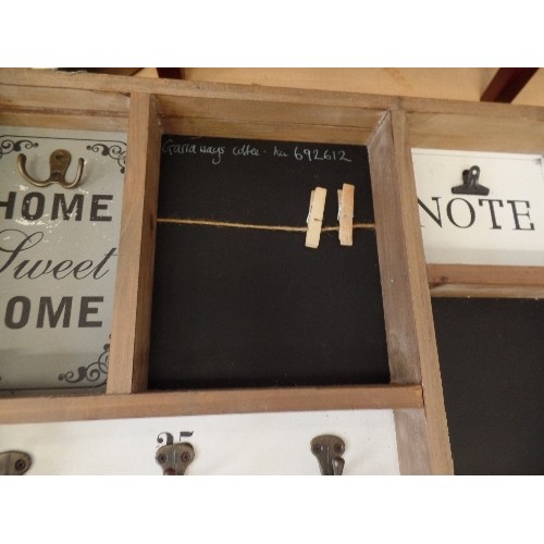 196 - WOODEN MULTI-SECTION NOTICEBOARD. HAS KEY HOOKS, PEGS FOR NOTES, BLACKBOARD, SHOPPING LIST CLIPS ETC... 