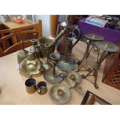 204 - VINTAGE BRASS ITEMS. CANDLEHOLDERS, CANDLSTICKS, PESTLE & MORTAR, BUDDHA ETC.