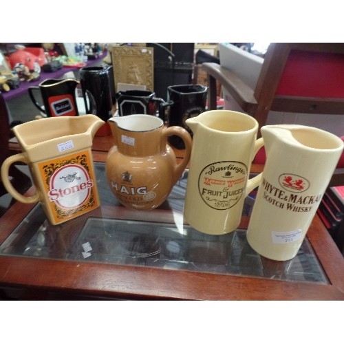 211 - 4 X WHISKY ADVERTISING JUGS. WHYTE & MACKAY, HAIG, RAWLINGS, AND STONES.