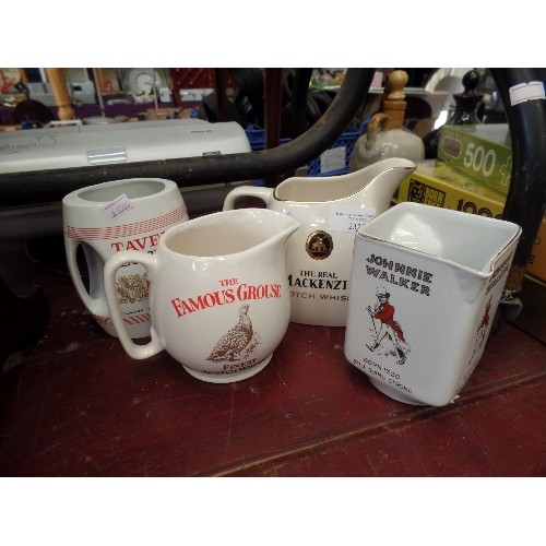 232 - 4 X BRANDED WHISKEY AND BITTER BRANDED CREAM CERAMIC JUGS. INC FAMOUS GROUSE, JOHNNIE WALKER, MACKEN... 