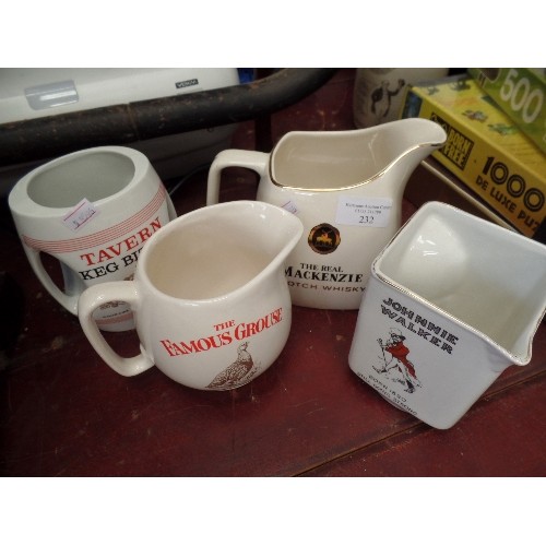 232 - 4 X BRANDED WHISKEY AND BITTER BRANDED CREAM CERAMIC JUGS. INC FAMOUS GROUSE, JOHNNIE WALKER, MACKEN... 