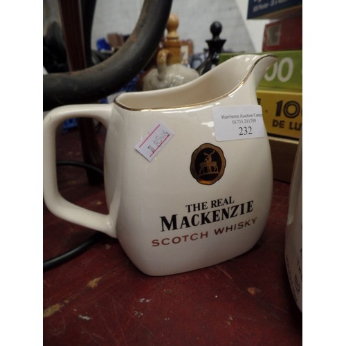 232 - 4 X BRANDED WHISKEY AND BITTER BRANDED CREAM CERAMIC JUGS. INC FAMOUS GROUSE, JOHNNIE WALKER, MACKEN... 