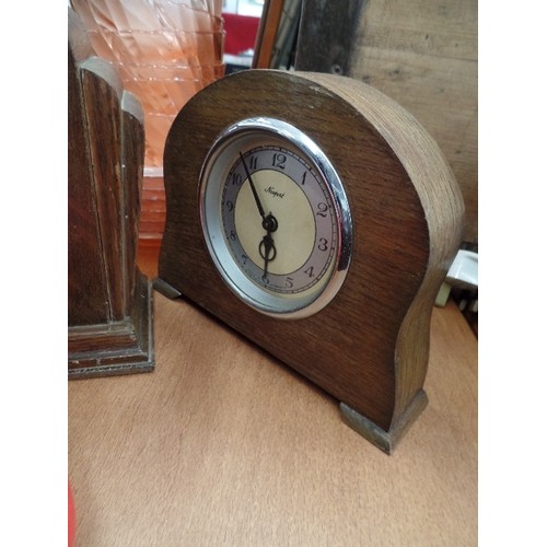 242 - 2 OAK CASED ART DECO MANTLE CLOCKS. 1 BY NEWPORT, BOTH MADE IN ENGLAND. ALSO A SAFARI TRAVEL ALARM C... 