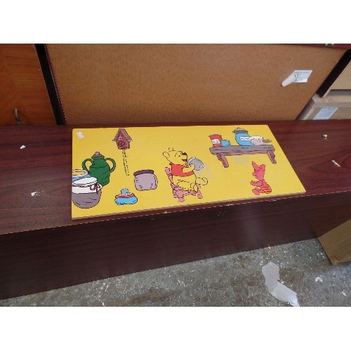 354 - LONG NARROW STORAGE/TOY CHEST WITH HINGED LID. WOOD EFFECT. WITH POOH BEAR DECORATIVE DETAIL. 153CM ... 