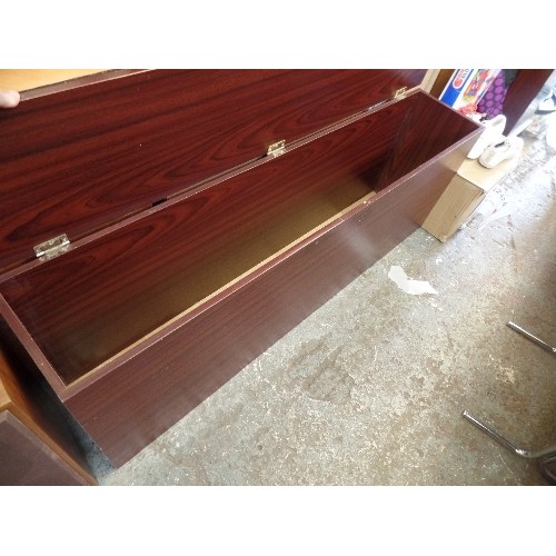 354 - LONG NARROW STORAGE/TOY CHEST WITH HINGED LID. WOOD EFFECT. WITH POOH BEAR DECORATIVE DETAIL. 153CM ... 