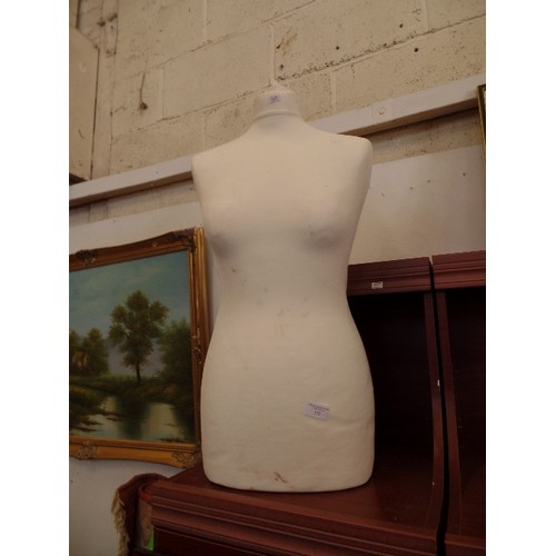 132 - DRESSMAKERS MANNEQUIN/DUMMY. FABRIC COVERED POLYSTYRENE.