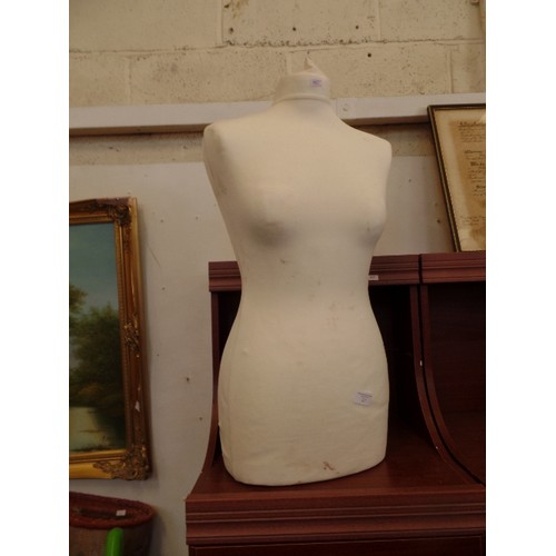 132 - DRESSMAKERS MANNEQUIN/DUMMY. FABRIC COVERED POLYSTYRENE.