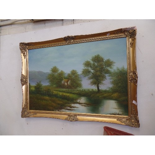 145 - LARGE GILT-FRAMED OIL ON CANVAS. SIGNED 'P.WILSON' COTTAGE BY THE WATER.