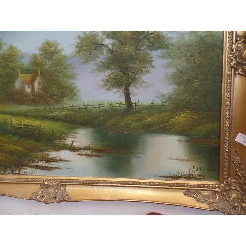 145 - LARGE GILT-FRAMED OIL ON CANVAS. SIGNED 'P.WILSON' COTTAGE BY THE WATER.