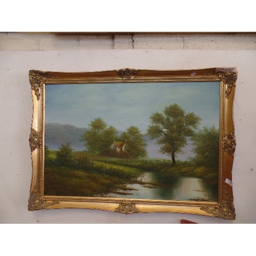 145 - LARGE GILT-FRAMED OIL ON CANVAS. SIGNED 'P.WILSON' COTTAGE BY THE WATER.