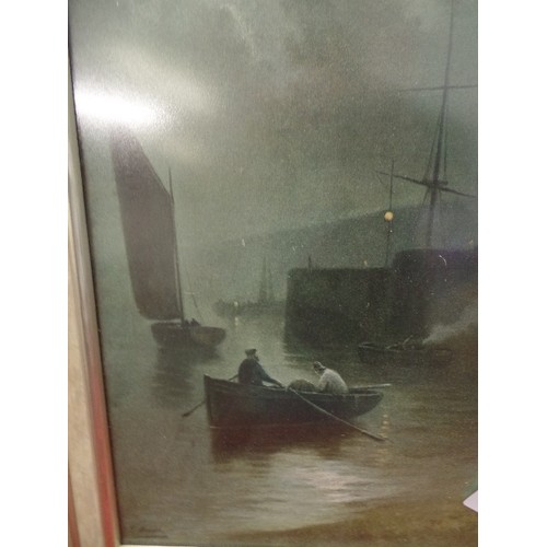 154 - PAIR OF FRAMED 'OLD FISHING BOATS IN THE HARBOUR' SCENES. DARK & ATMOSPHERIC.