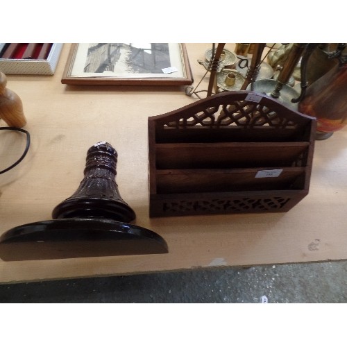 193 - CARVED WOODEN WALL SCONCE/SHELF, AND A LATTICEWORK LETTER RACK.