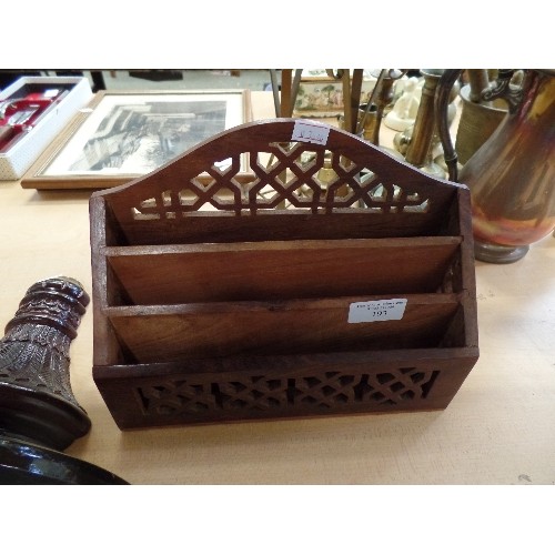 193 - CARVED WOODEN WALL SCONCE/SHELF, AND A LATTICEWORK LETTER RACK.