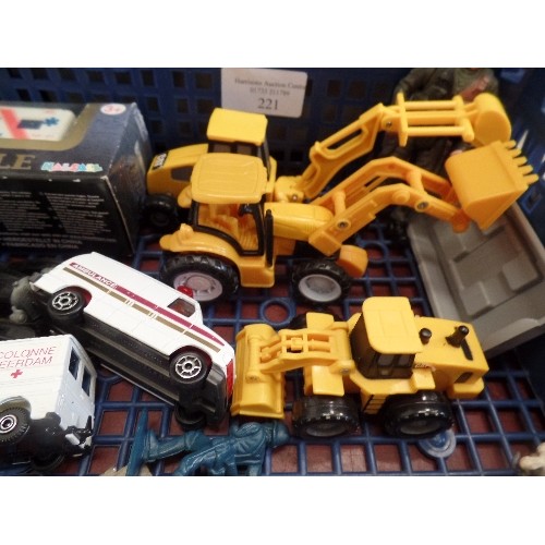 221 - DIE-CAST VEHICLES, AND FIGURES. INCLUDES 7 X AMBULANCE/EMERGENCY VEHICLES.