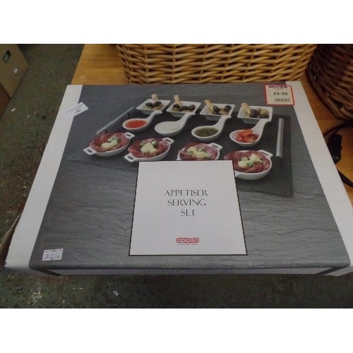 259 - APOLLO APPETISER SERVING SET. CONTAINS SMALL PORCELAIN DISHES ON A SLATE TRAY. ORIGINAL BOX.