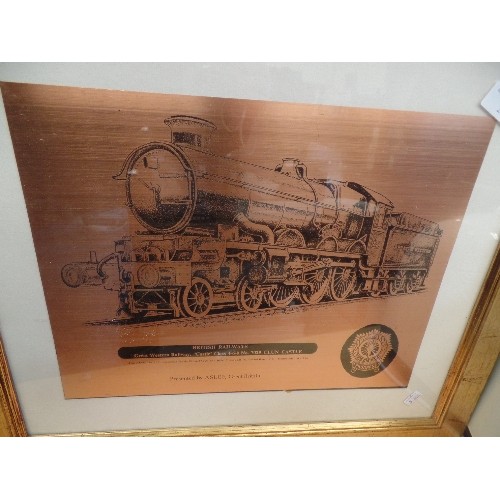 262 - BRITISH RAILWAYS/TRAIN INTEREST. FRAMED/GLAZED COPPER PICTURE OF GREAT WESTERN RAILWAYS 'CASTLE' 4-6... 