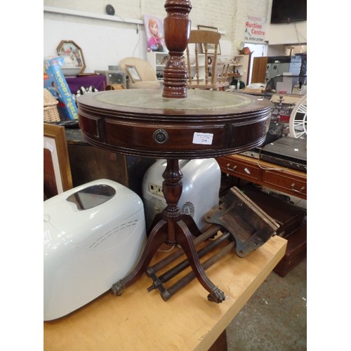 266 - LEATHER INLAID WINE TABLE, WITH ATTACHED STANDARD LAMP. LOVELY GOLD TASSELLED SHADE.