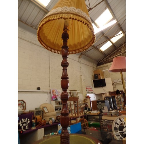 266 - LEATHER INLAID WINE TABLE, WITH ATTACHED STANDARD LAMP. LOVELY GOLD TASSELLED SHADE.