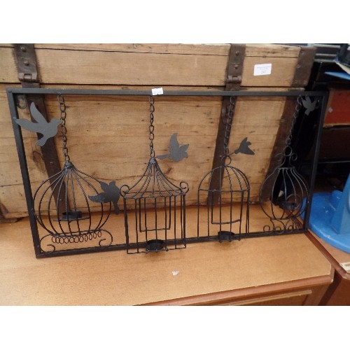 249 - LARGE POWDER-COATED METAL TEA-LIGHT HOLDER WALL FEATURE. DECORATED WITH 4 BIRDCAGES & BIRDS.