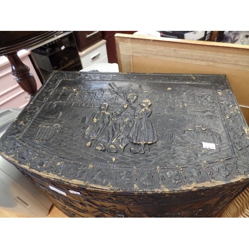 269 - VINTAGE BRASS COAL/LOG BOX. PAINTED BLACK. DUTCH THEMED RAISED DETAIL. WINDMILLS, TRADITIONALLY DRES... 