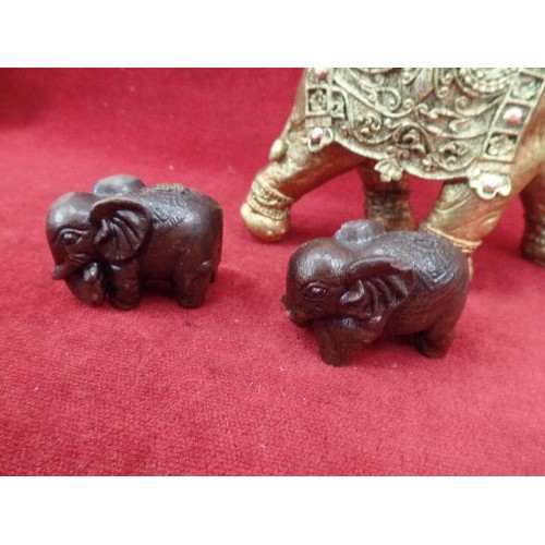 270 - 4 DECORATIVE INDIAN ELEPHANTS. 2 ARE ORNATE WITH BRASSED FINISH.