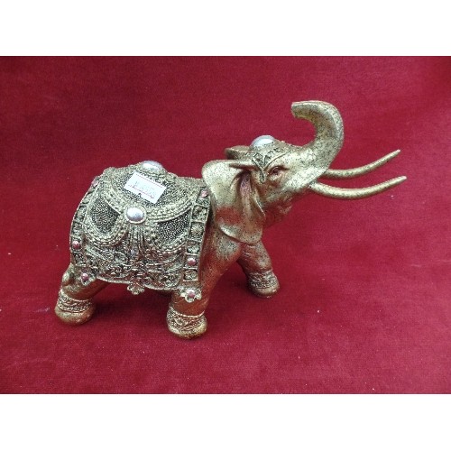 270 - 4 DECORATIVE INDIAN ELEPHANTS. 2 ARE ORNATE WITH BRASSED FINISH.