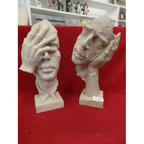 285 - 'SEE NO EVIL-HEAR NO EVIL' PAIR OF RESIN 'STONE' HEADS.