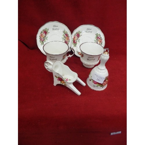 293 - 'SILVER WEDDING' CUPS & SAUCERS [2 X DUOS] 'ELIZABETHAN' COTTAGE ROSE, FINE BONE CHINA. AND A MATCHI... 