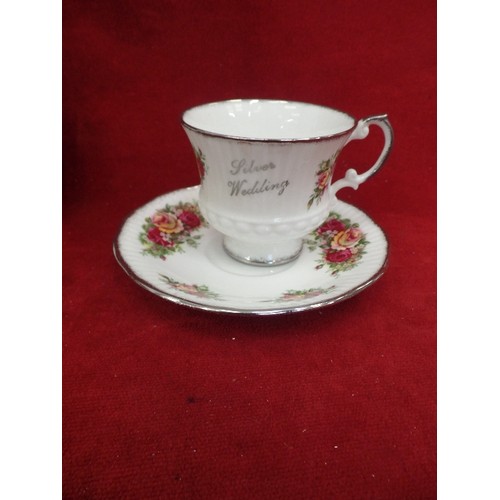 293 - 'SILVER WEDDING' CUPS & SAUCERS [2 X DUOS] 'ELIZABETHAN' COTTAGE ROSE, FINE BONE CHINA. AND A MATCHI... 